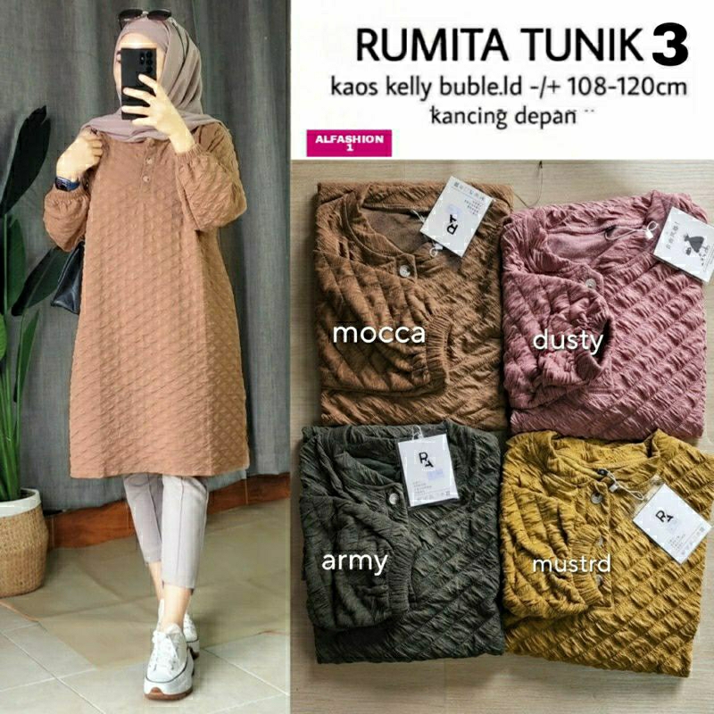 Rumita Tunik #3, TUNIK LEBARAN CANTIK MODIS FIT XXXL LD 108-130 BAHAN KAOS KELLY BUBLE IMPORT KANCING BUSUI TERMURAH TERLARIS OOTD KEKINIAN