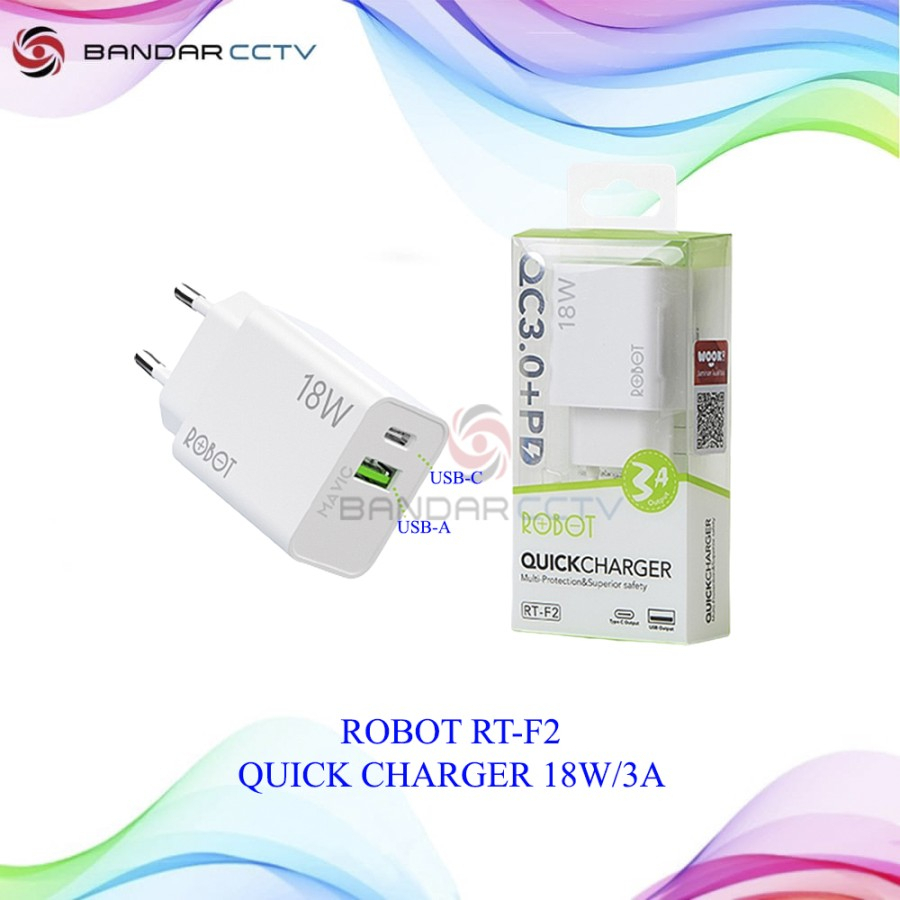 ROBOT RT-F2 QUICK CHARGER 18W/3A DUAL PORT USB-A+USB-C/KEPALA CHARGER
