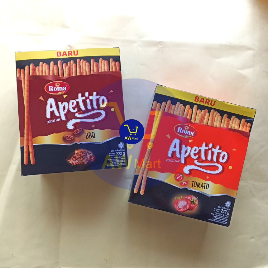 ROMA APETITO BISKUIT STIK BOX 222 GRAM ISI ( 12 BUNGKUS X 18,5 GRAM ) - BISKUIT STIK ROMA APETITO RASA TOMATO DAN BBQ 222 GRAM ISI ( 12 BUNGKUS X 18.5 GRAM)