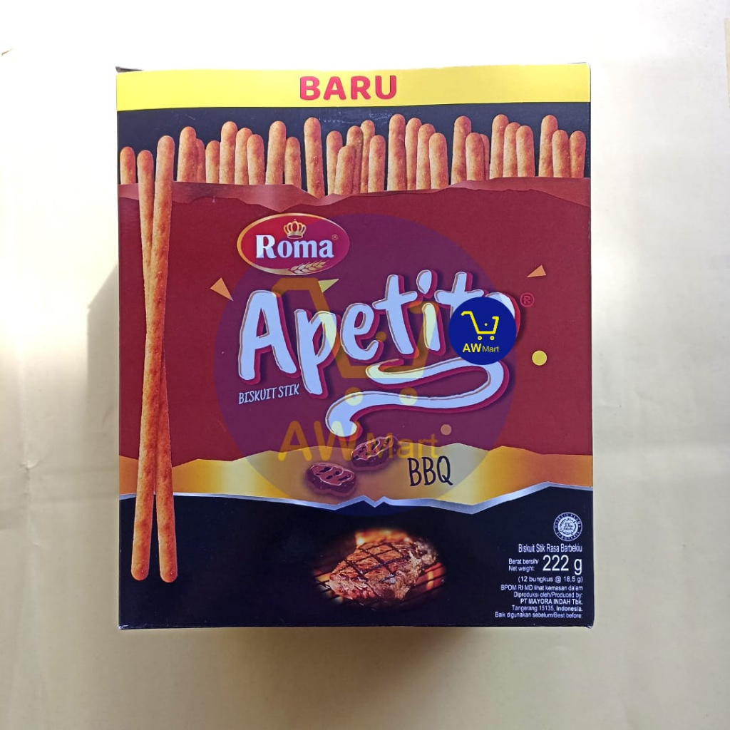 ROMA APETITO BISKUIT STIK BOX 222 GRAM ISI ( 12 BUNGKUS X 18,5 GRAM ) - BISKUIT STIK ROMA APETITO RASA TOMATO DAN BBQ 222 GRAM ISI ( 12 BUNGKUS X 18.5 GRAM)