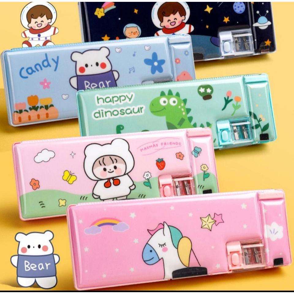 SS Kotak Pensil Pola Kartun Lapisan Ganda dan Tunggal dengan Rautan Kapasitas / Tempat Pensil Multifungsi Motif Unicorn / Dinosaurus / Astronot Untuk Anak Tk