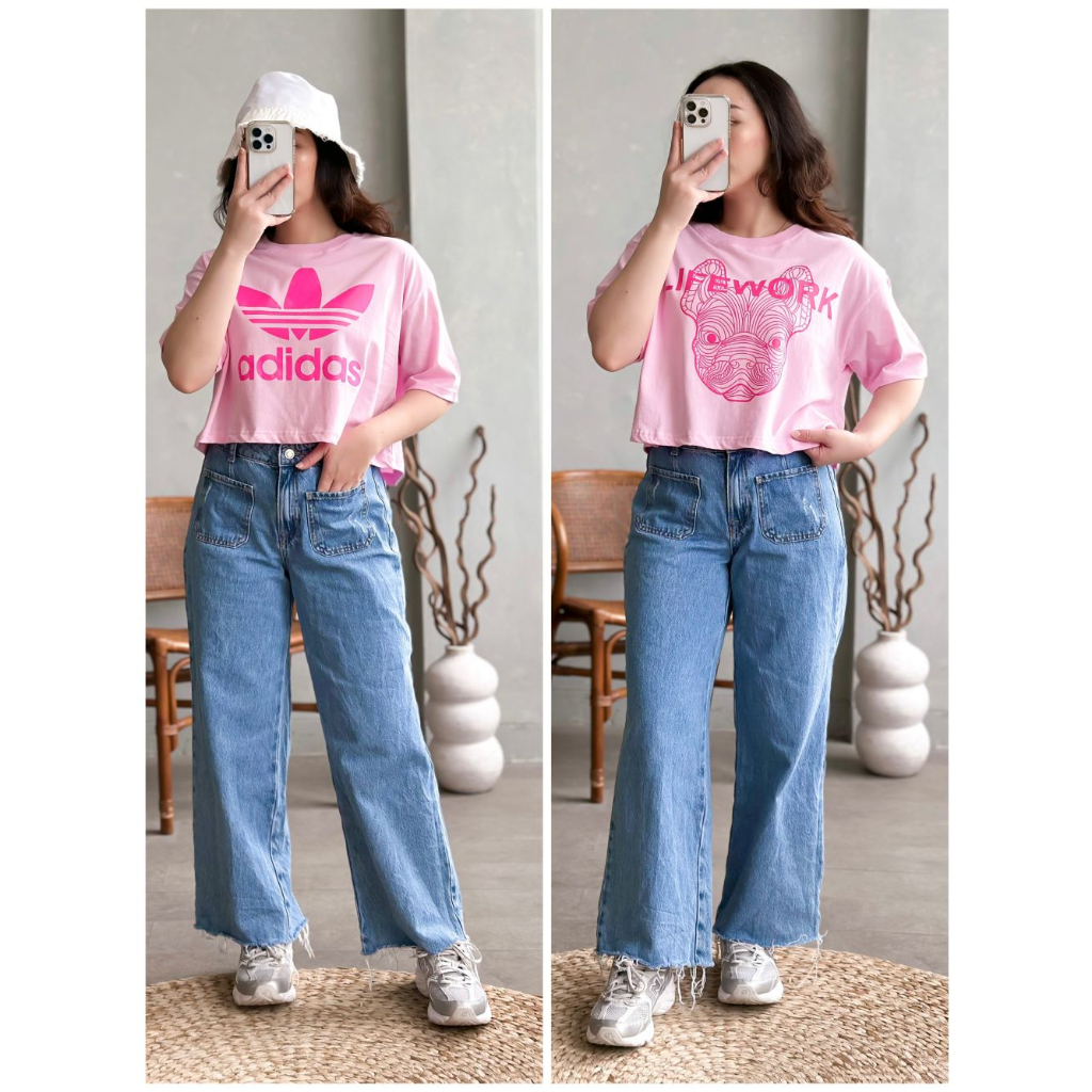 INFINITEE Kaos Croptop Wanita Lengan Pendek Warna Pink