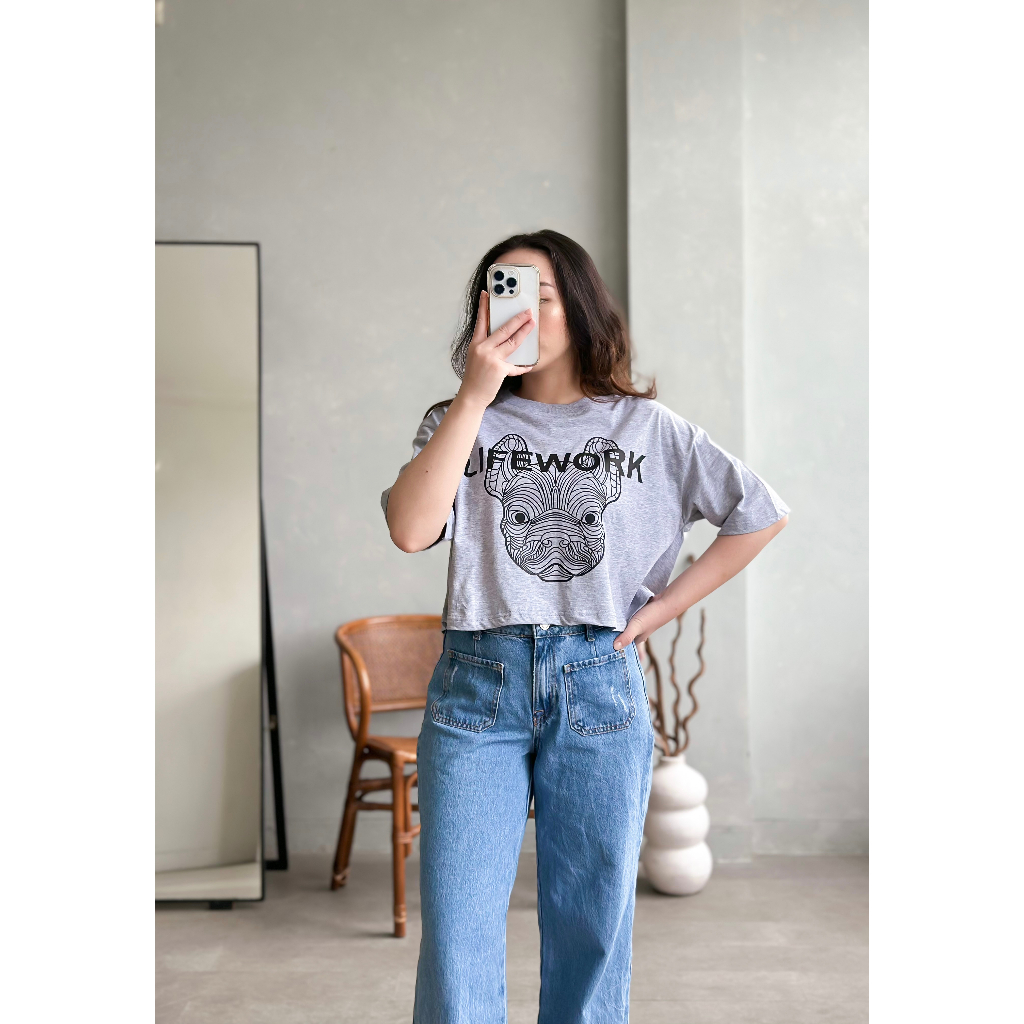 INFINITEE Kaos Oversized Croptop Wanita Bahan Katun Warna Abu