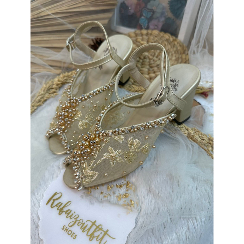 sepatu wedding hanna gold tali 7cm chunky