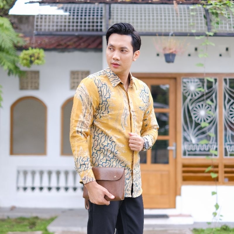 Kemeja Batik Pria Bahan Dobby Warna Kuning Eksklusif Kertojoyo New Terbaru Slimfit