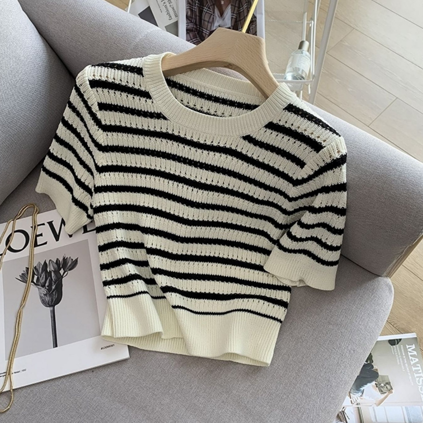 Korean Style Knit Crop Top Striped T-shirt Kaos Lengan Pendek Wanita Import Atasan Raju