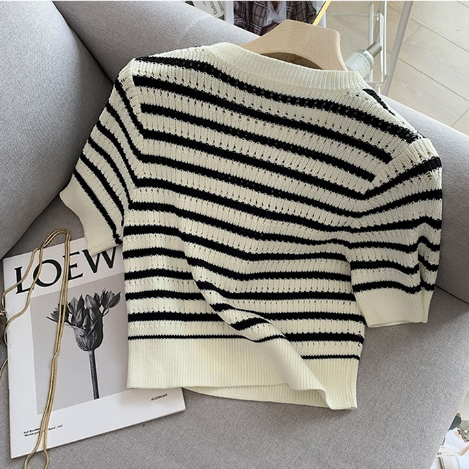 Korean Style Knit Crop Top Striped T-shirt Kaos Lengan Pendek Wanita Import Atasan Raju