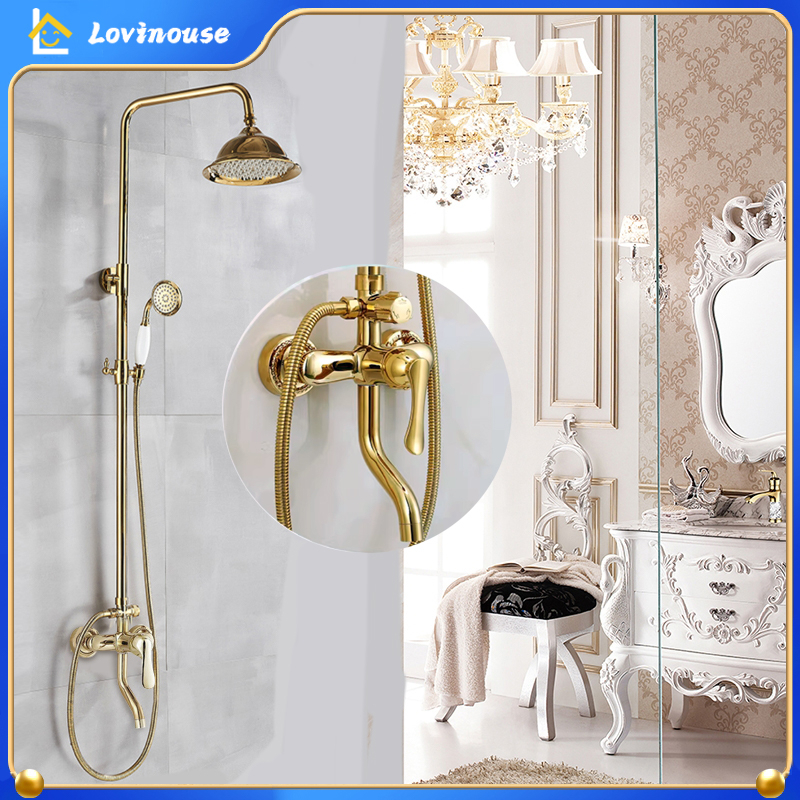 Shower Kamar Mandi Set Shower Tiang Panas Dingin 3 In 1 Dengan Faucet Sprayer Klasik Gold Shower Tiang SUS 304 High Quality Gold