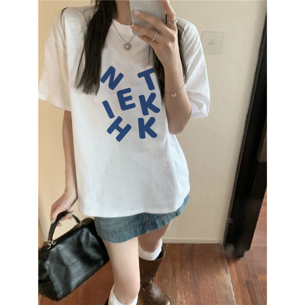 EUNII T-shirt Lengan Pendek Vintage Printing Korean Style/Kaos Atasan Wanita/Baju Kaus Oversize Wanita/Kaos Wanita