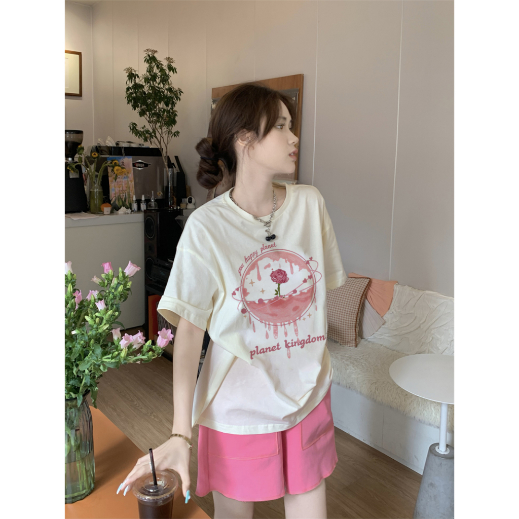 EUNII T-shirt Lengan Pendek Retro Pink Rose BlackPink Korean Style/Kaos Atasan Wanita/Baju Kaus Oversize Wanita/Kaos Wanita