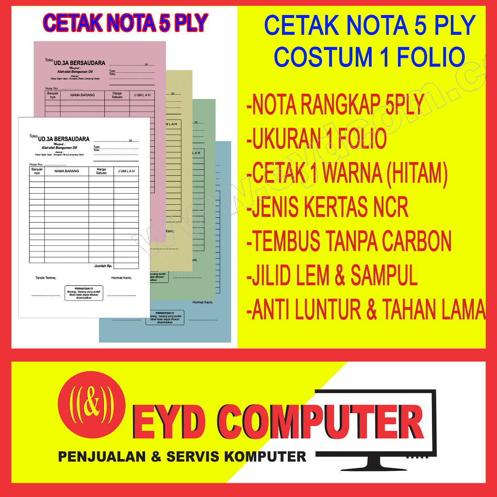 

CETAK NOTA 5 PLY 1 FOLIO KERTAS NCR COSTUM ISI RANGKAP CEK BON KWITANSI SURAT JALAN
