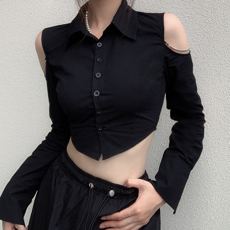 [Sunflower Collection] - Crop top Kemeja off-shoulder hollow chain decoration -sleeved shirt casual 
