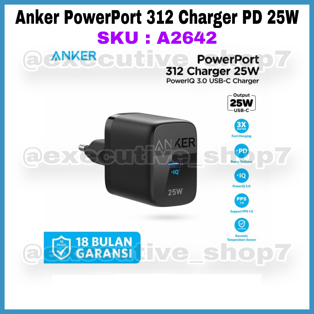 Anker PowerPort 312 Charger PD 25W - SKU A2642 - Garansi Resmi 18 Bulan