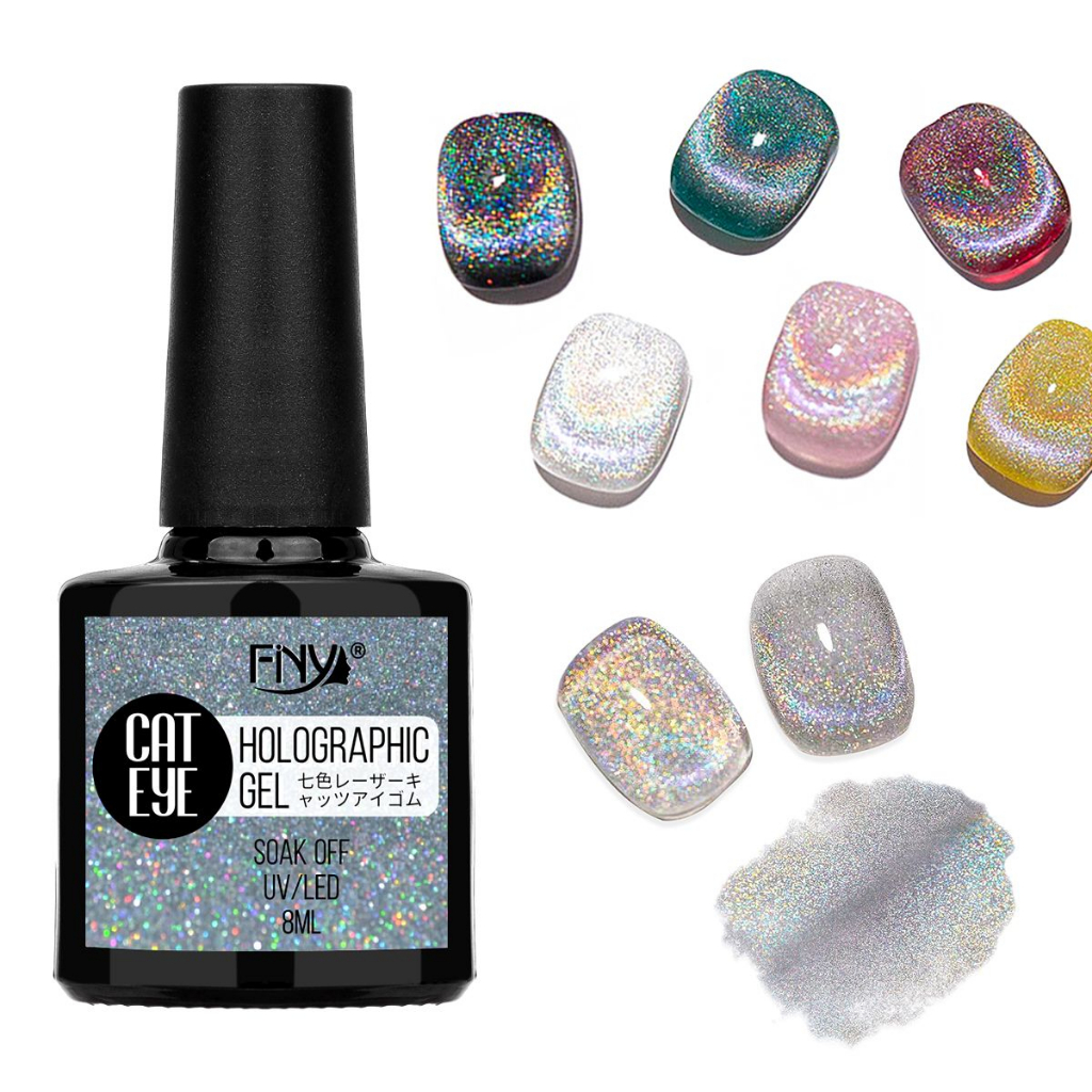 FINY HOLOGRAM GEL CAT EYE GEL POLISH RAINBOW / FNY KUTEK GEL PELANGI SILVER CAT EYE