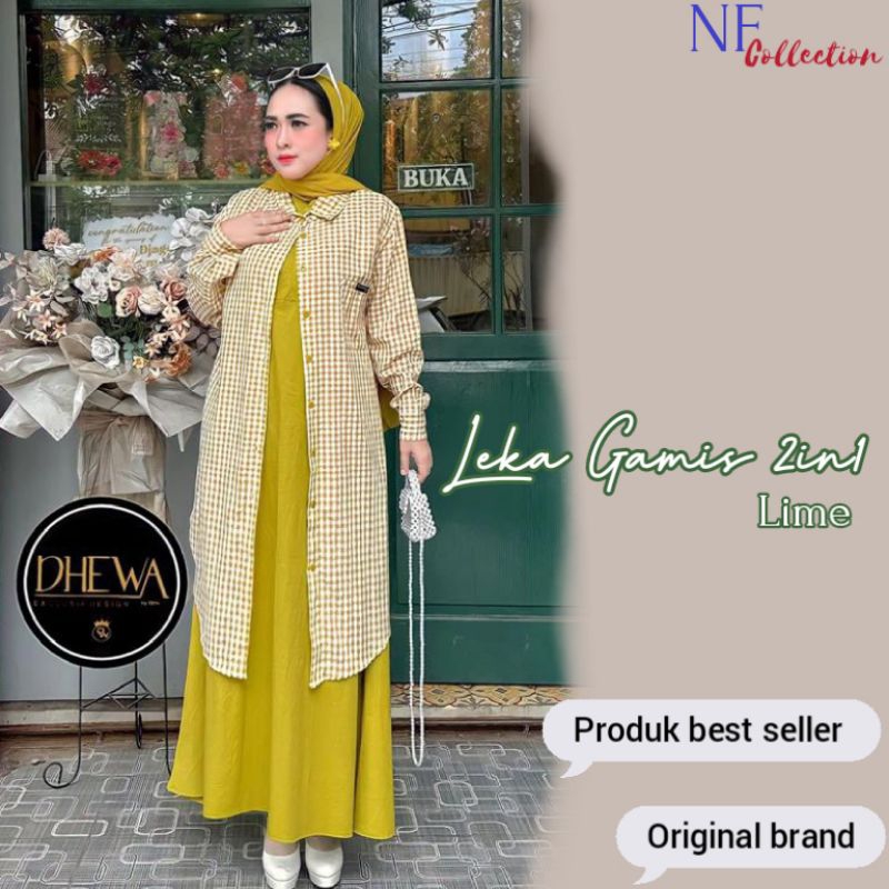 Set Gamis Outer 2in1 Motif kotak Warna Lime Set Leka By Dhewa Style