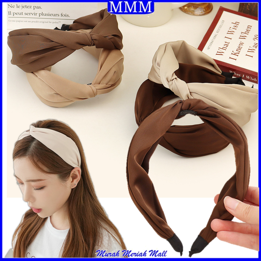 MMM Bando Wanita Scrunchie Simpul Satin 6735 Bandana Korea Anti Patah Headband Wanita Desain Silang Aksesoris Fashion Wanita Murah Import