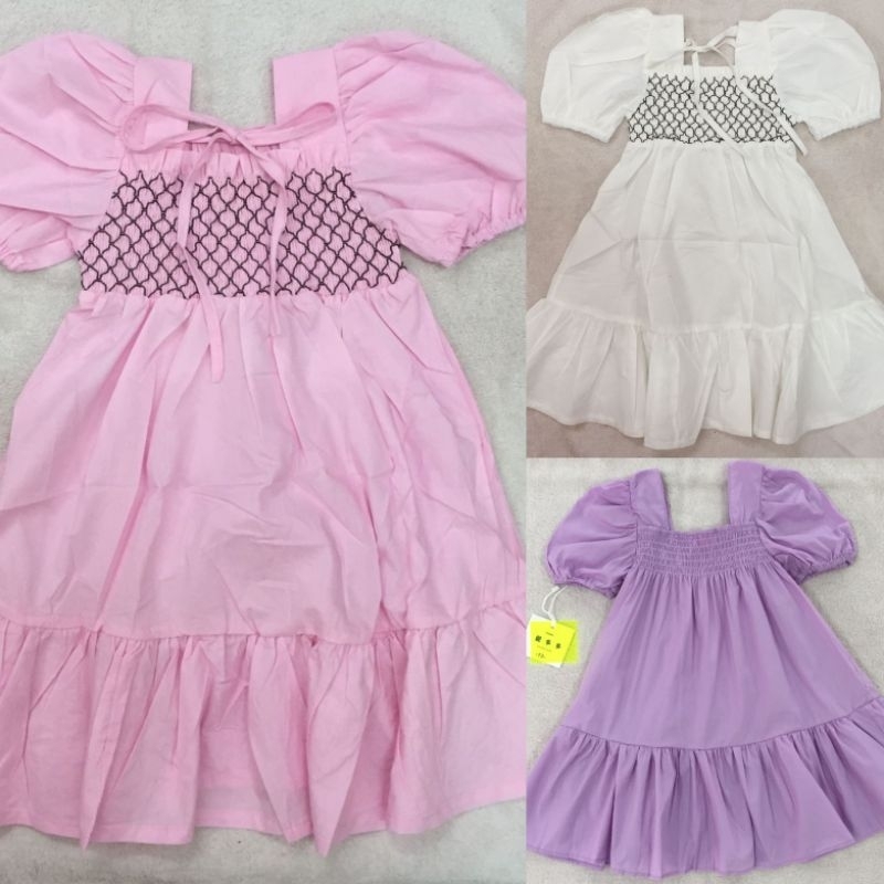 Dress anak import katun lengan balon dada kerut gaun pink hitam putih impor korea