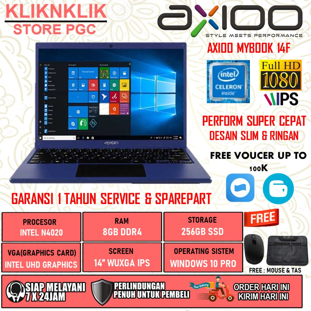 LAPTOP MURAH AXIOO MYBOOK 14F INTEL N4020 RAM 8GB 512GB SSD WQXGA IPS WINDOWS 10 PRO BLUE