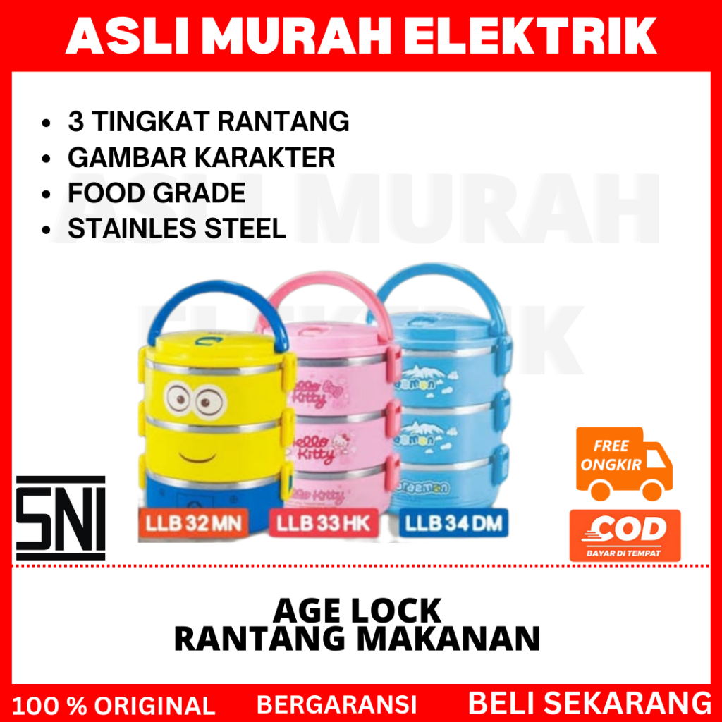 Rantang susun Stainles steel Age Lock Hello Kitty / Minion / doraemon