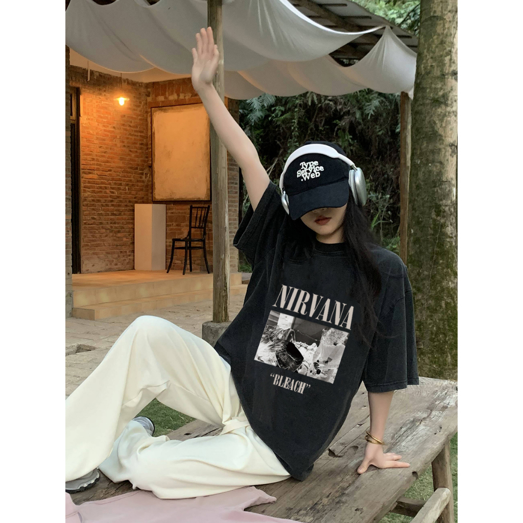 EUNII T-shirt Lengan Pendek Black Washed Retro Hp Hop Boy Printing Korean Style/Kaos Atasan Wanita/Baju Wanita/Kaos Wanita