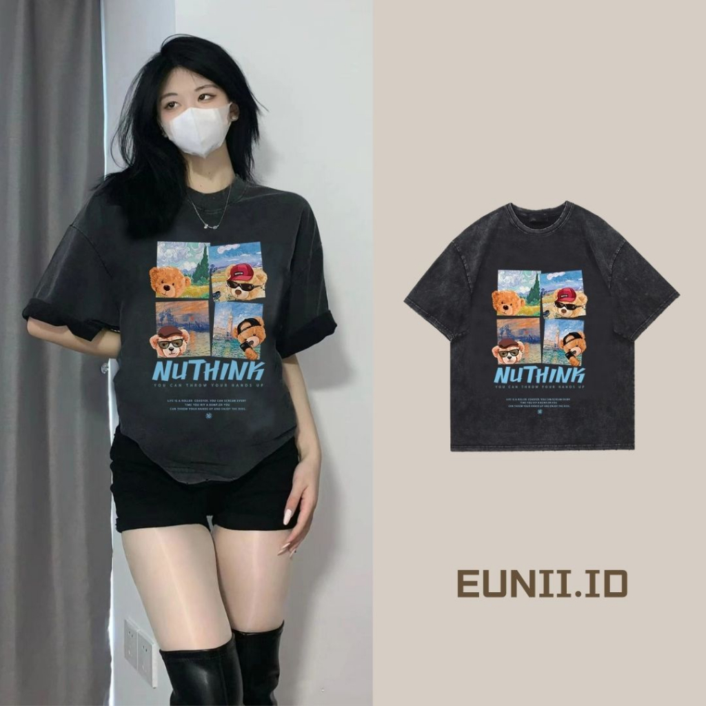 EUNII T-shirt Lengan Pendek Black Washed Cartoon Bear Traveling Printing Korean Style/Kaos Atasan Wanita/Baju Wanita/Kaos Wanita