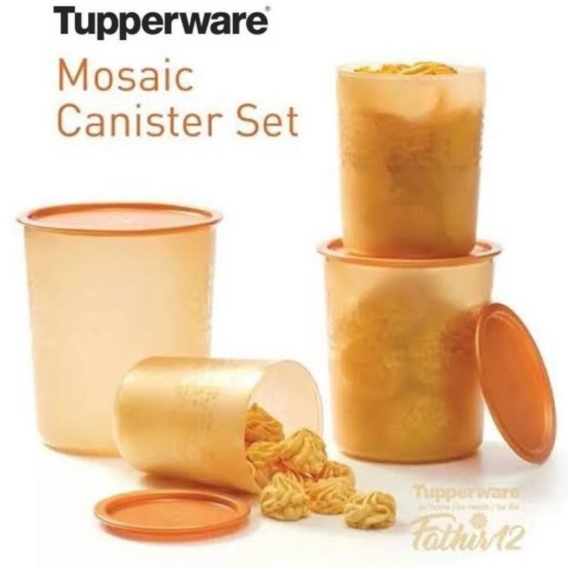 Tupperware Mosaic Canister Set (4 Pcs) - Gold // Toples One Touch Wadah Tempat Snack Makanan Cemilan