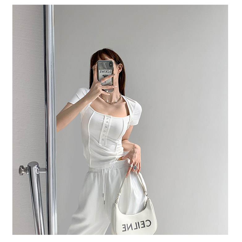 【MISSHONEY】 Square Neck Short Sleeve Button up Stretchy Crop Top 7010 S/M/L