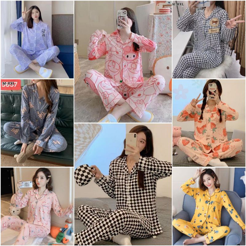 BAJU TIDUR PIYAMA WANITA / PIYAMA IMPORT SET PANJANG KANCING