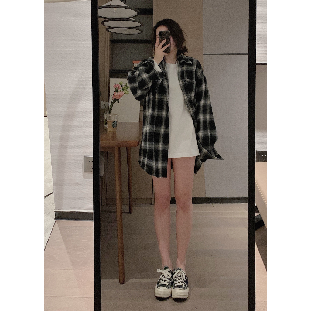 EUNII Blouse Wanita  Lengan Panjang Retro Kotak-kotak Wanita Korean Style