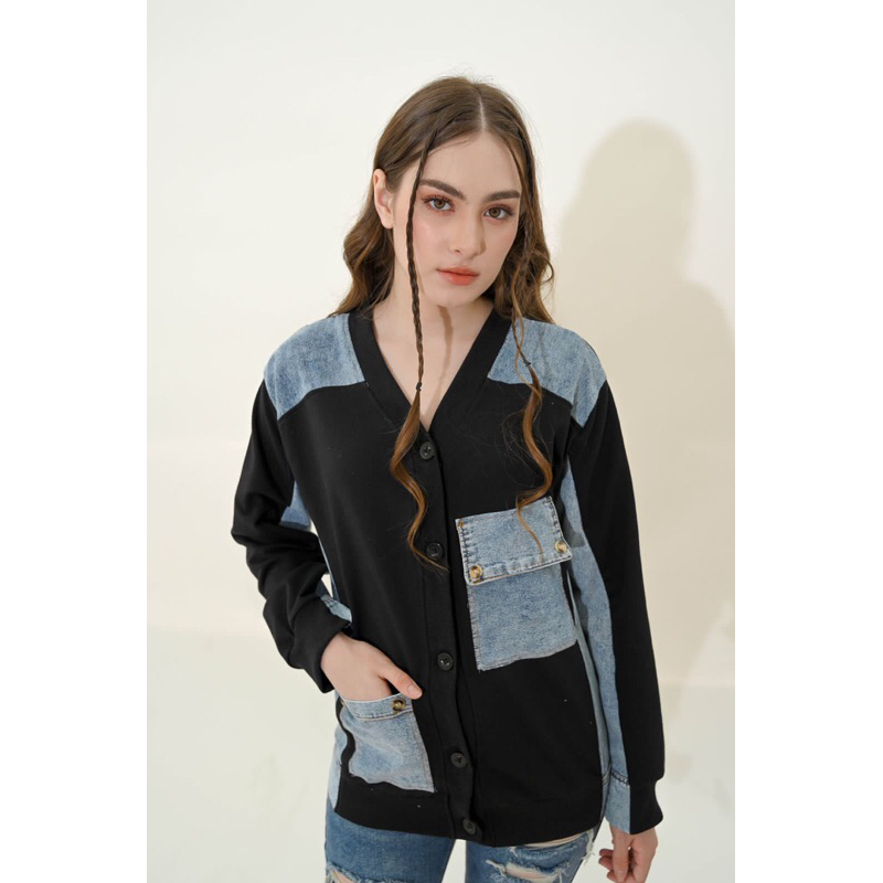 KARDIGAN JEANS WANITA KANTONG TANGAN PANJANG HITAM BABYTERRY