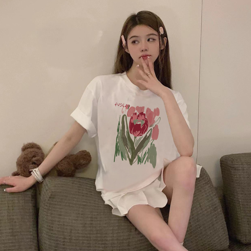 Print T-shirt Kaos Lengan Pendek Cartoon Flowers Baju Wanita Oversize Korean Style