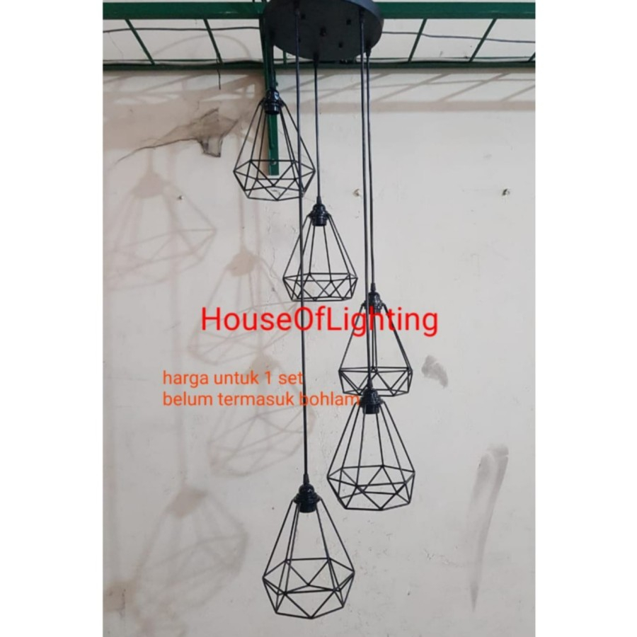 LAMPU GANTUNG HIAS VOID TANGGA RETRO HITAM MINIMALIS DIAMOND CABANG 5 PENDANT LAMP