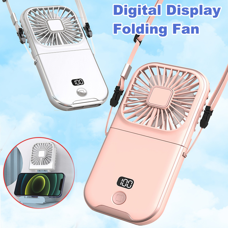 Kipas Angin Mini Fan Foldable Portable Neck Hanging Fan 5000mAh USB Adjustable Rechargeable Air Cooler Phone Holder