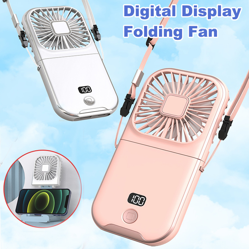 Mini Fan Portable Foldable Kipas Angin Neck Hanging Fan 5000mAh USB Adjustable Rechargeable Air Cooler Phone Holder