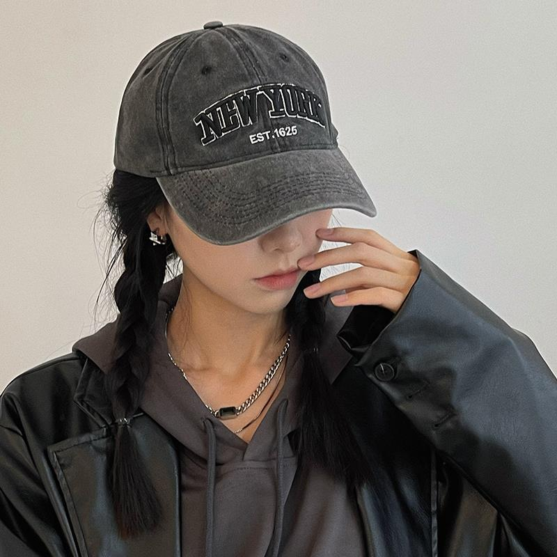 Topi Baseball Dicuci Old Street American Retro Cap Huruf Bordir Perempuan Liar Di Wajah Topi Bisbol Kecil Sport Korea Topi Baseball Pria/Wanita Hat