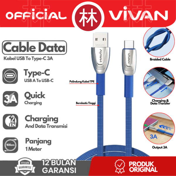 Vivan BTK-CS Kabel Data Cable Type C USB-C Fast Charging 3A 1M New BTK-C