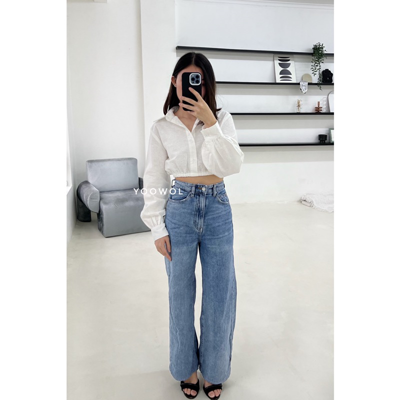 Thea Top/Kemeja Crop Linen Lengan Panjang