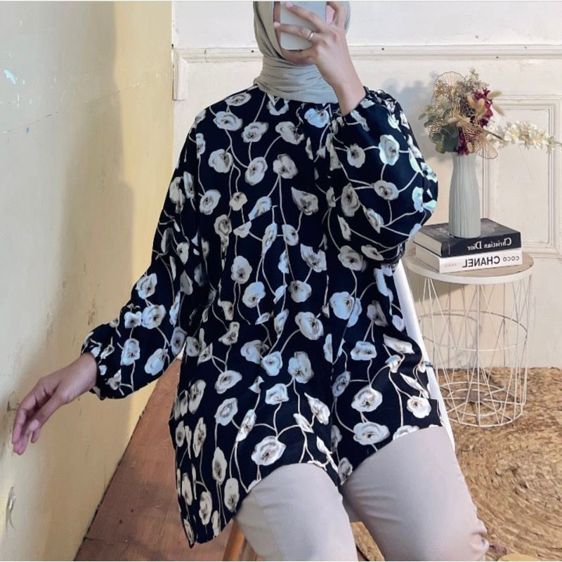 Kemeja Oversize Rayon Viscos Motif Adem Atasan Wanita Jumbo Full Kancing OOTD Wanita Terlaris