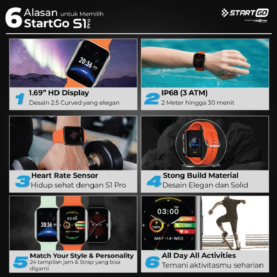 Advan Start Go S1 Pro Smartwatch Jam Tangan Pintar Digital Bluetooth
