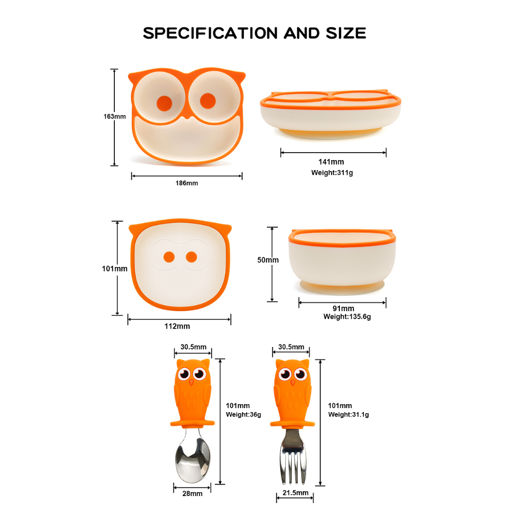 BIANCA - Piring Silikon Sekat 3 Suction + Mangkok Silikon + Sendok Garpu Stainless OWL SERIES