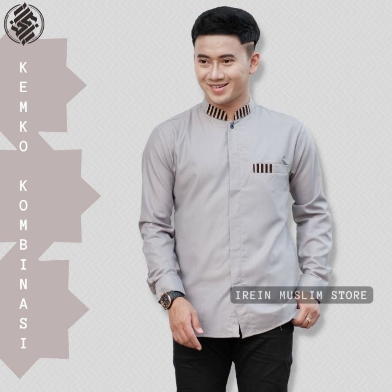 Baju Kemeja Koko Pria Lengan Panjang Casual Polos Motif Sadewa