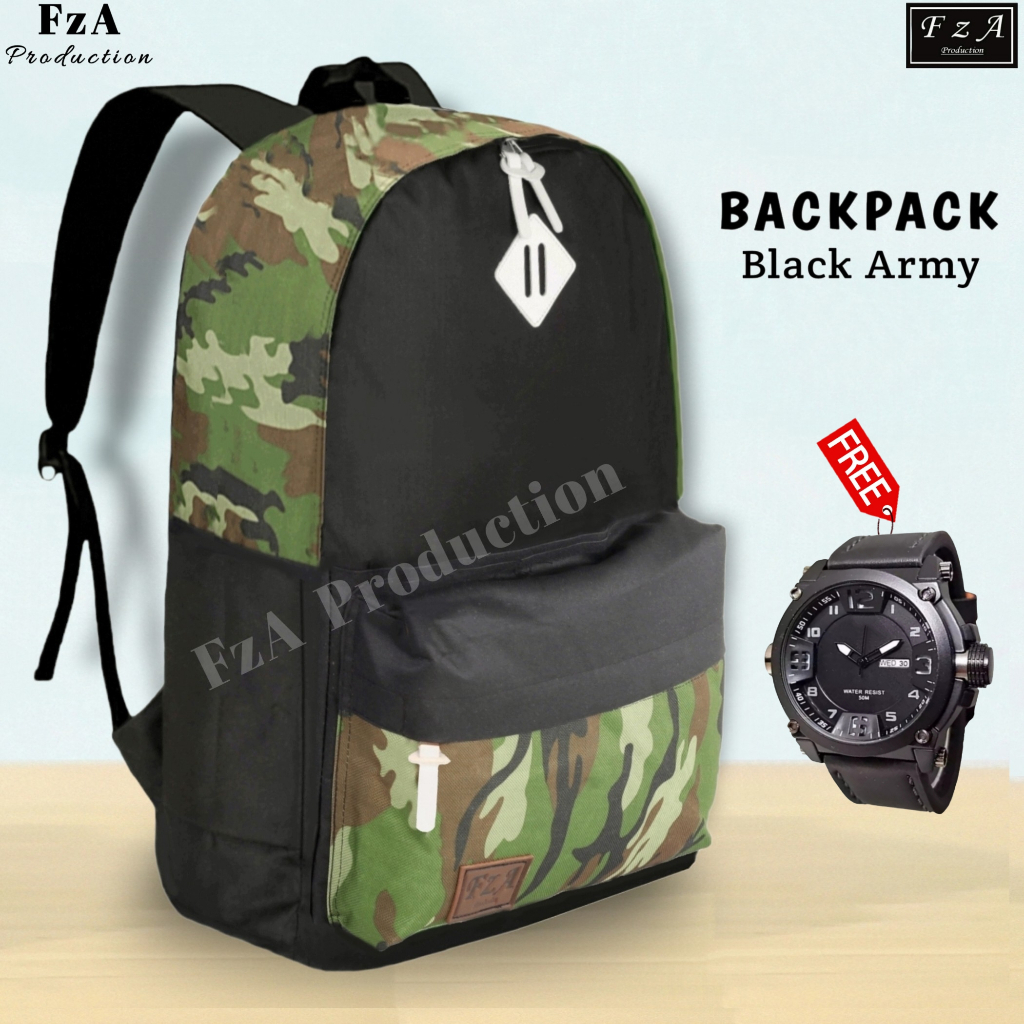 FzA Official -Tas Ransel Distro Casual pria wanita / Tas Ransel Laptop / Tas Ransel Sekolah Original - Black Army