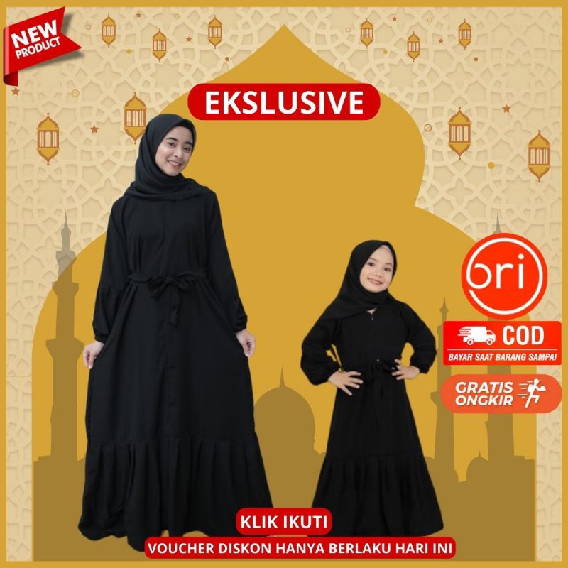 Gamis Turki couple ibu dan anak Abaya basic hitam polos remaja bahan jetblack model susun tangan bal
