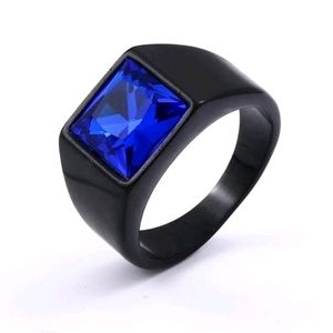 Cincin Blue Saphire Batu Safir Ring Real Titanium Black Gun Platted Anti Luntur dan Karat Minimalis Elegan