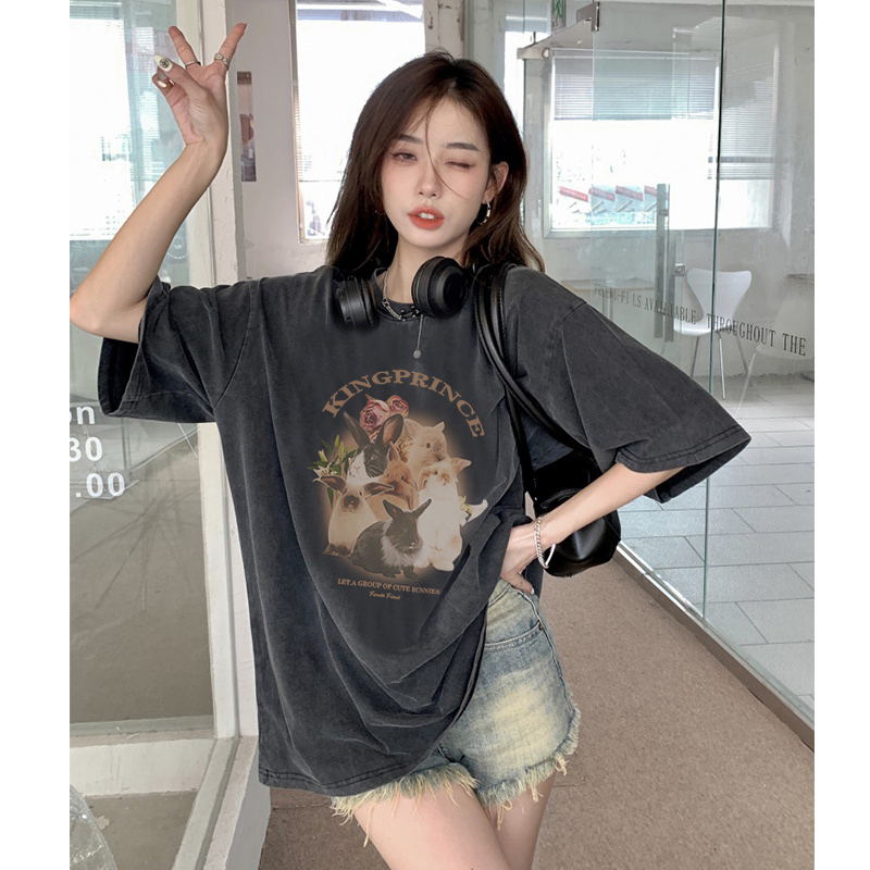 Korean Style Kaos Lengan Pendek Baju Wanita Vintage T-shirt Hitam Washed Oversize T-shirt