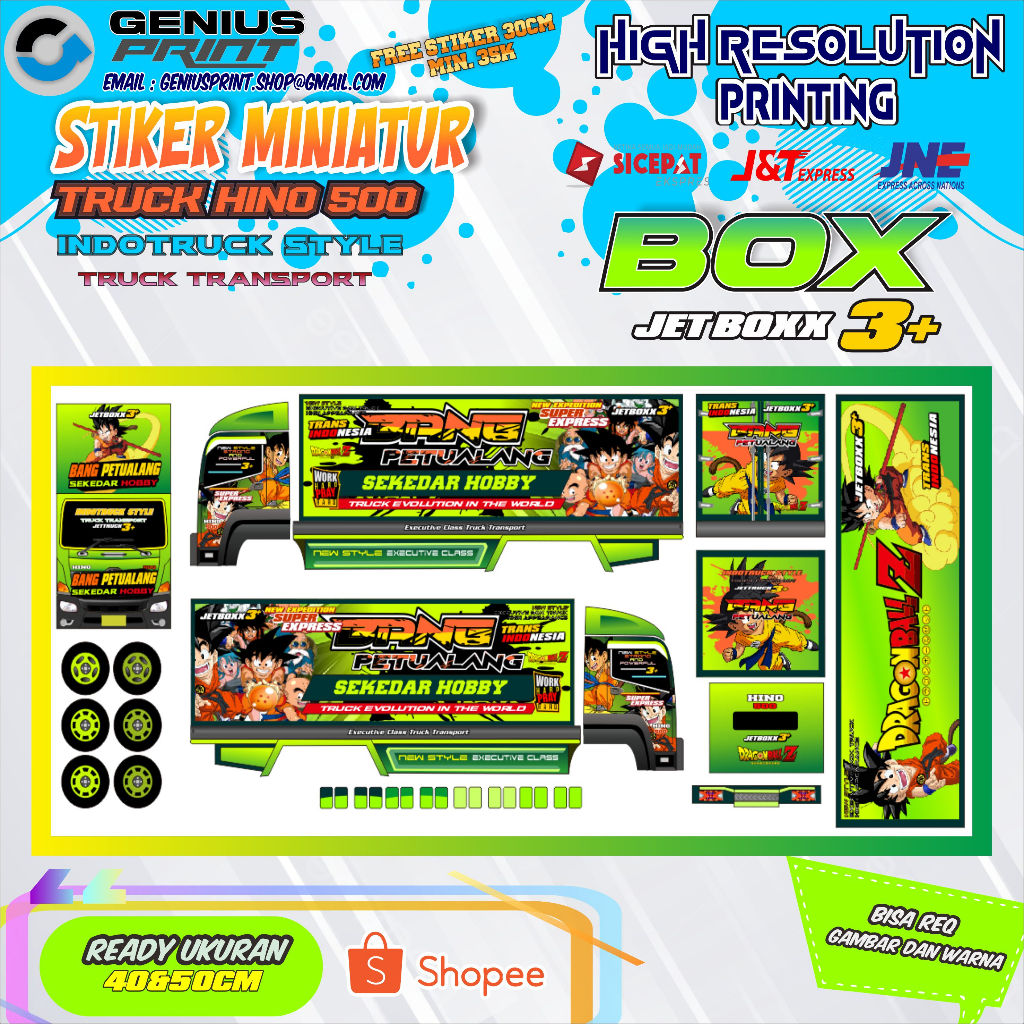STIKER MAINAN MINIATUR TRUK HINO 500 BOX LONG CHASIS ANIMASI Uk. 40&50cm