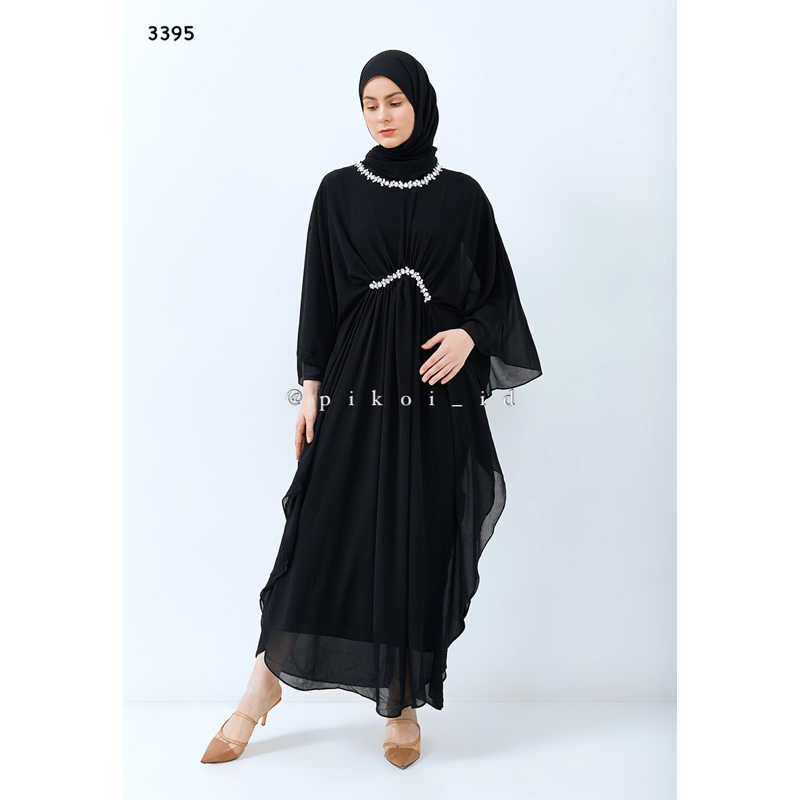 Long dress panjang wanita putih hitam / Kaftan wanita full manset lengan panjang payet kristal 3395