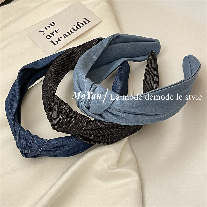 Caliloops Bando Bandana Simpul Korea Dewasa Denim Jeans Biru Crue