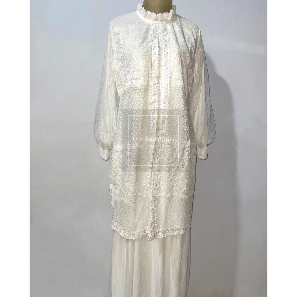 Jubah/Gamis Lebaran Set Sabuk Wanita Brokat Tile All White