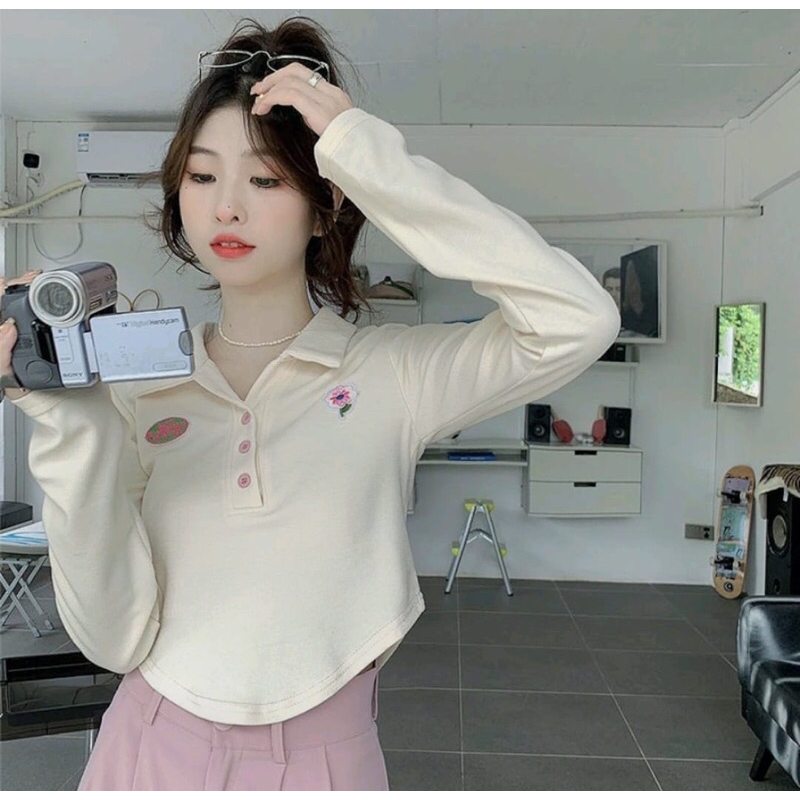 T shirt Kerah kaos Polo wanita lengan panjang polo crop top korean